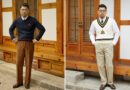 How to wear a cable knit sweater, Ivy style: a navy cable crewneck over a white button-down with brown corduroys, beside an ivory cotton cricket vest with a crest over a white oxford and tie