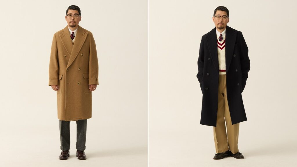 How to wear a polo coat, Ivy style: a camel polo coat buttoned over grey flannel trousers, beside a navy polo coat open over an ivory cricket sweater and khakis