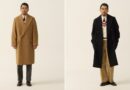 How to wear a polo coat, Ivy style: a camel polo coat buttoned over grey flannel trousers, beside a navy polo coat open over an ivory cricket sweater and khakis