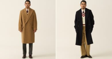 How to wear a polo coat, Ivy style: a camel polo coat buttoned over grey flannel trousers, beside a navy polo coat open over an ivory cricket sweater and khakis