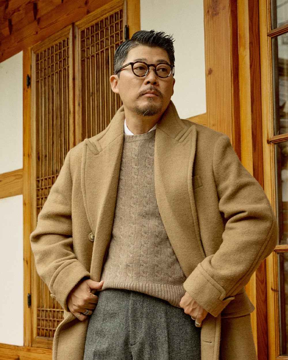 Close-up of a man in a camel polo coat over a brown crewneck sweater and white shirt collar, hands on hips, with grey trousers, beside a hanok door