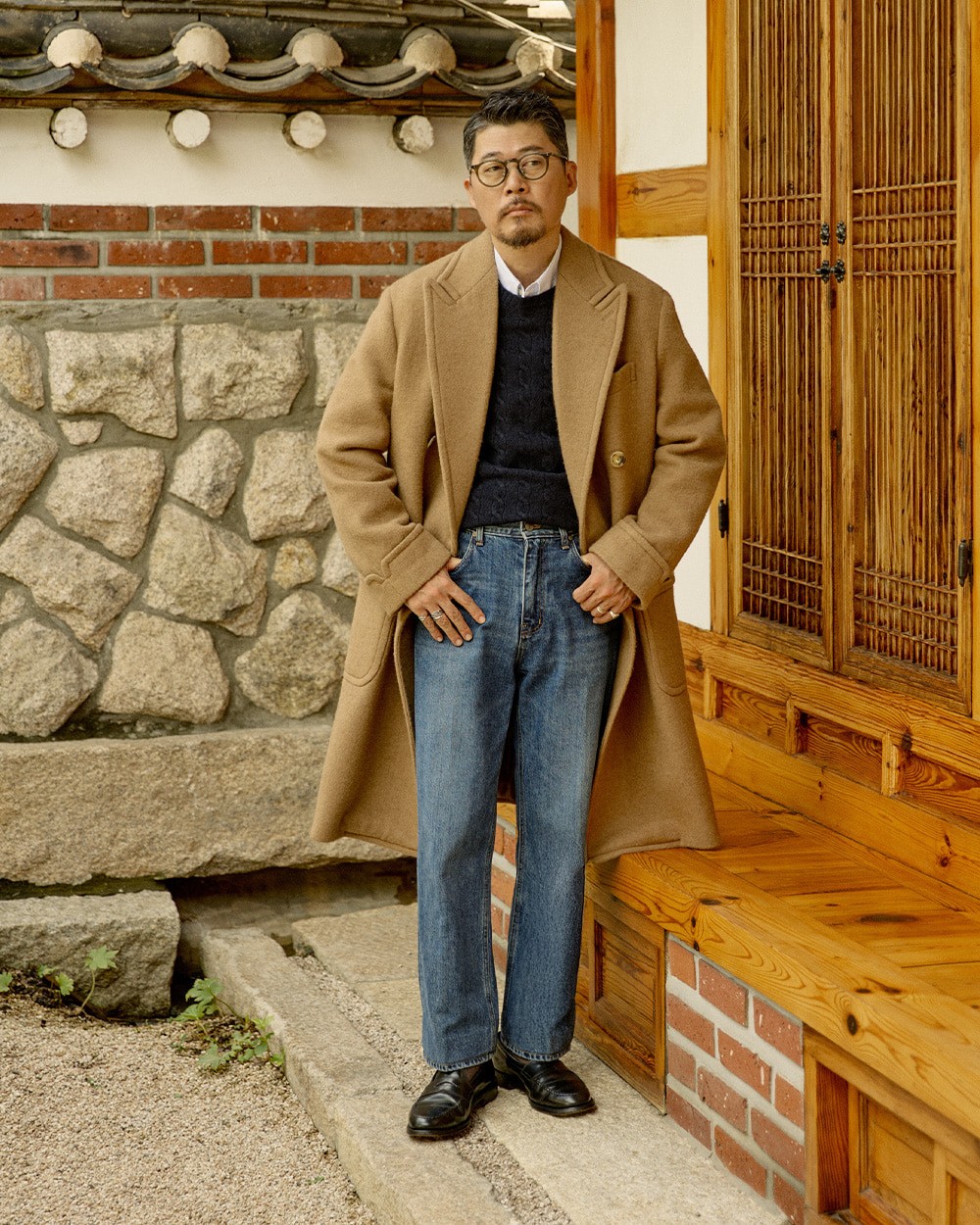 Man in a camel polo coat open over a navy crewneck sweater and white shirt collar, with blue jeans and black loafers, standing in front of a hanok