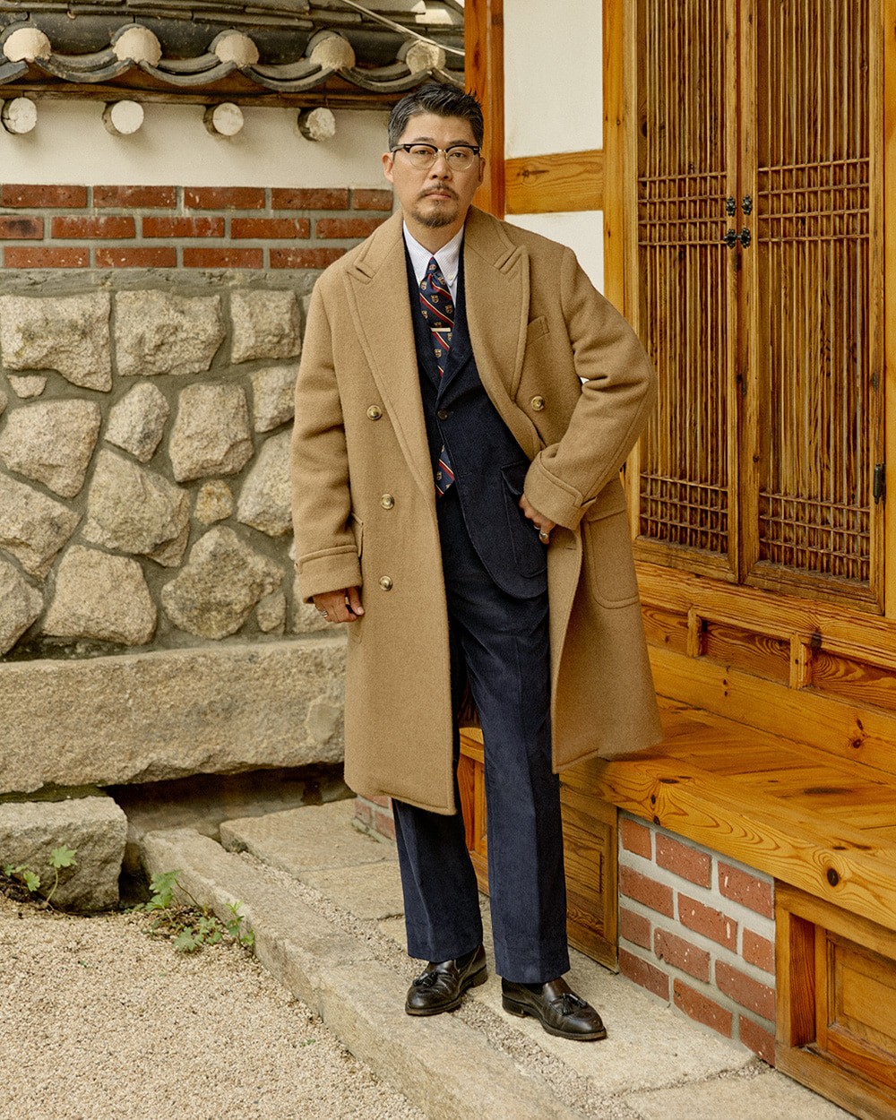 Man in a camel polo coat open over a navy suit, white shirt and striped tie, with black tassel loafers, standing in front of a hanok's wooden doors