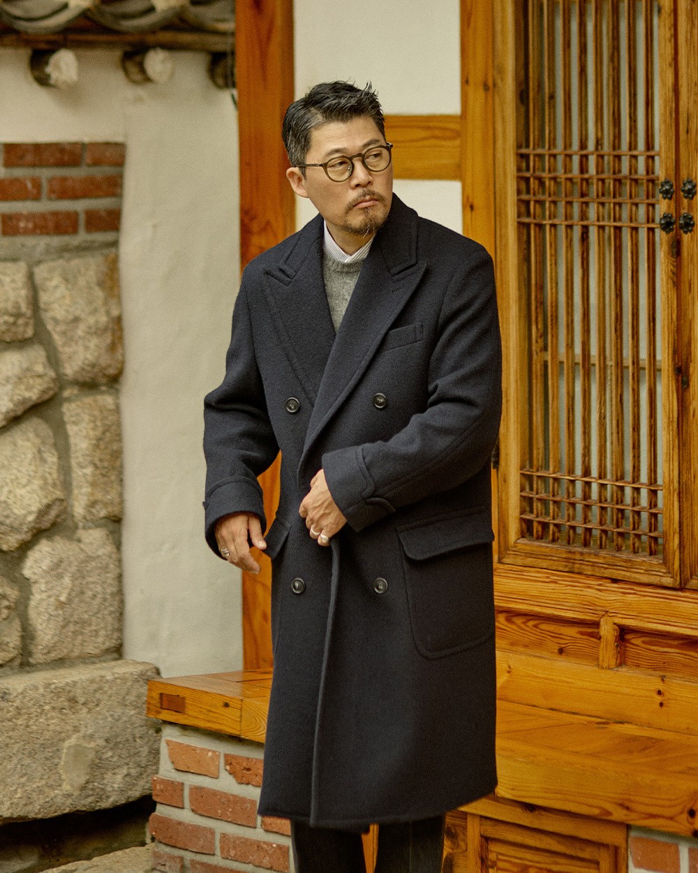 Close-up of a man in a navy polo coat over a grey crewneck sweater and white shirt collar, hands in the coat pockets, beside a hanok's wooden doors