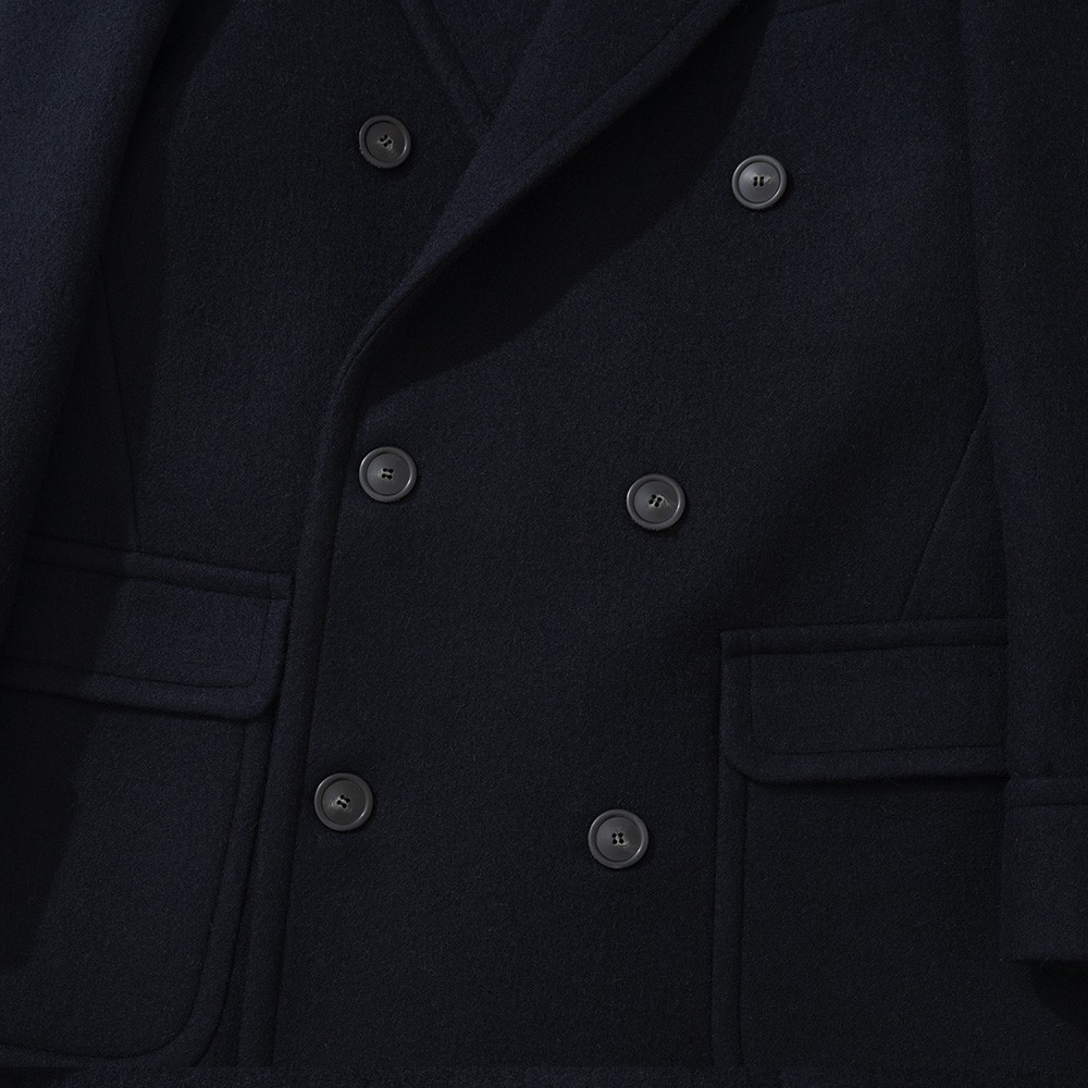 Six-button double-breasted front of a navy polo coat with flap patch pockets, photographed flat