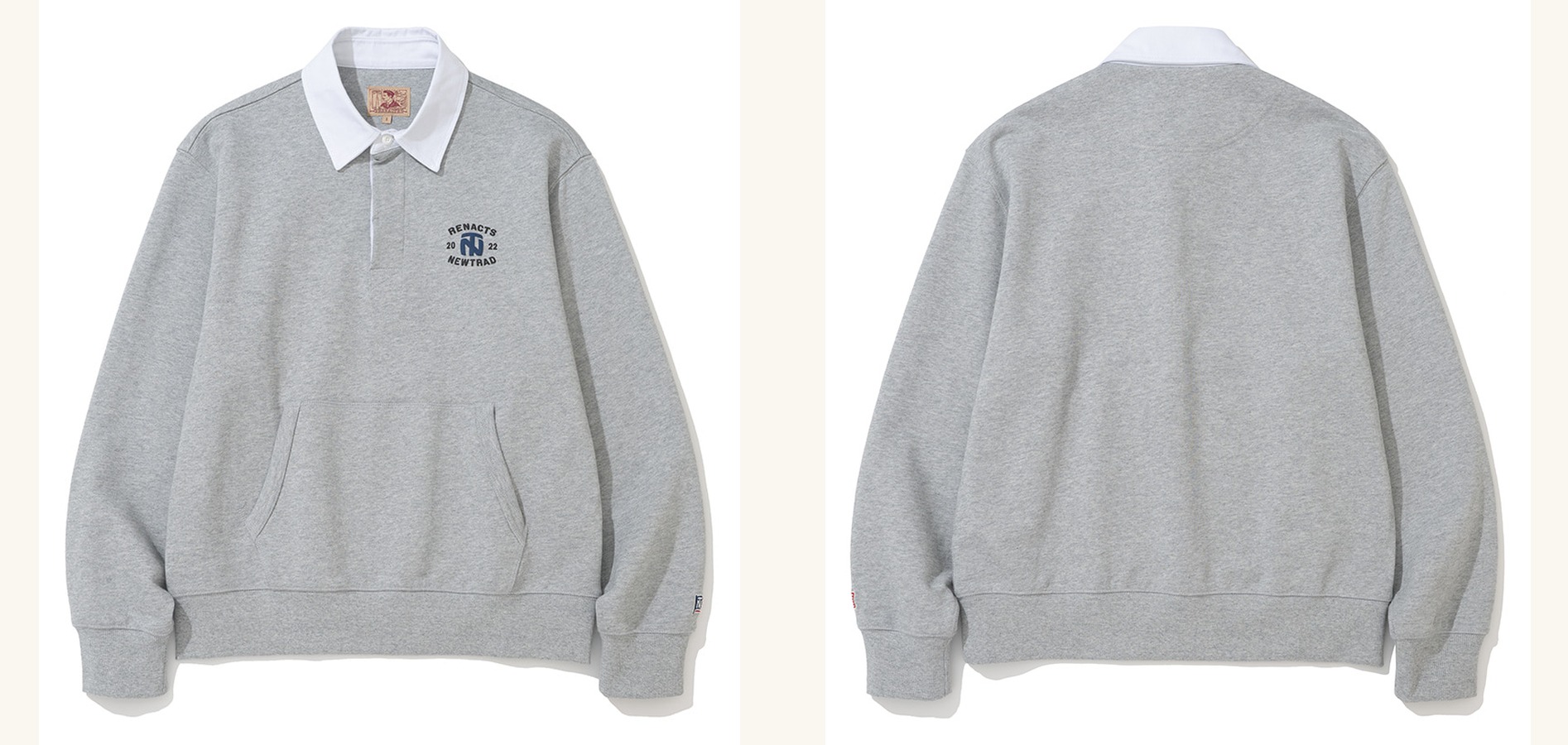 Grey marl sweatshirt with a white rugby collar and placket laid flat, front and back side by side, with a kangaroo pocket and a small chest print
