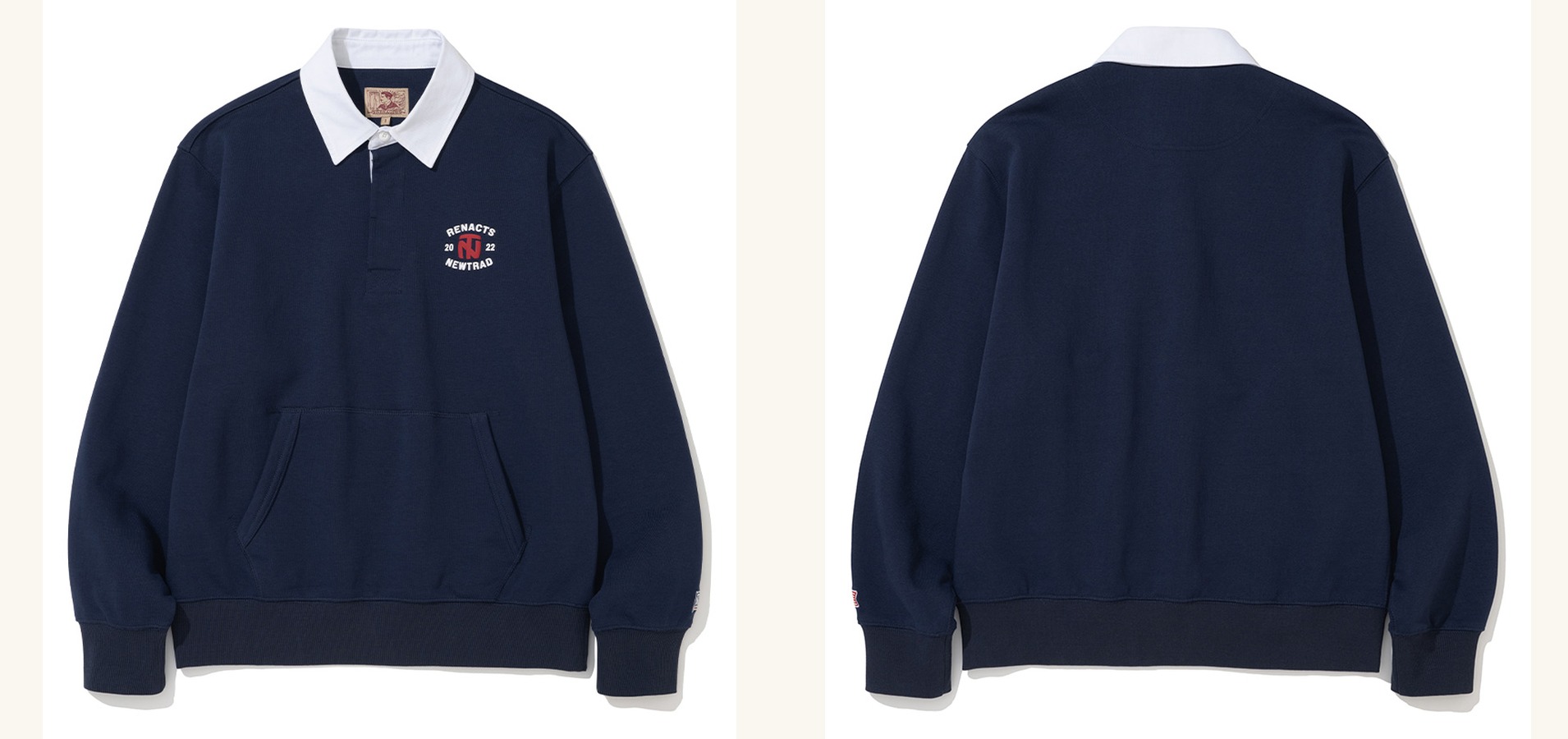 Navy sweatshirt with a white rugby collar and placket laid flat, front and back side by side, with a kangaroo pocket and a small red and white chest print