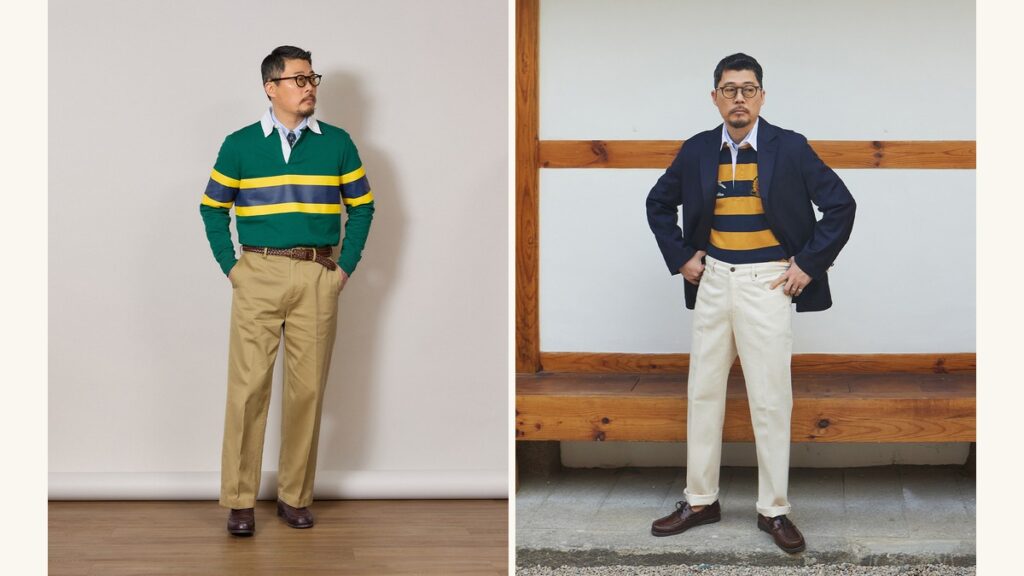 Two outfits side by side: a green rugby shirt over an oxford shirt and tie with khaki chinos, and a navy blazer over a yellow and navy hooped rugby shirt with white trousers in front of a hanok