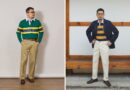 Two outfits side by side: a green rugby shirt over an oxford shirt and tie with khaki chinos, and a navy blazer over a yellow and navy hooped rugby shirt with white trousers in front of a hanok